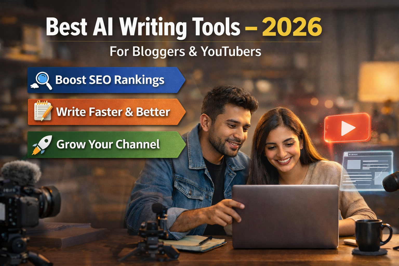 Best AI Writing Tools 2026 for bloggers and YouTubers boosting SEO, faster writing, and channel growth.
