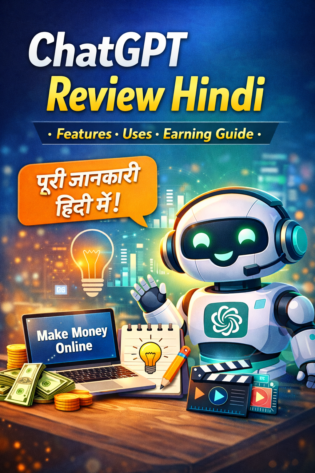 ChatGPT Review Hindi featured image showing AI chatbot, earning ideas, features and uses guide in Hindi