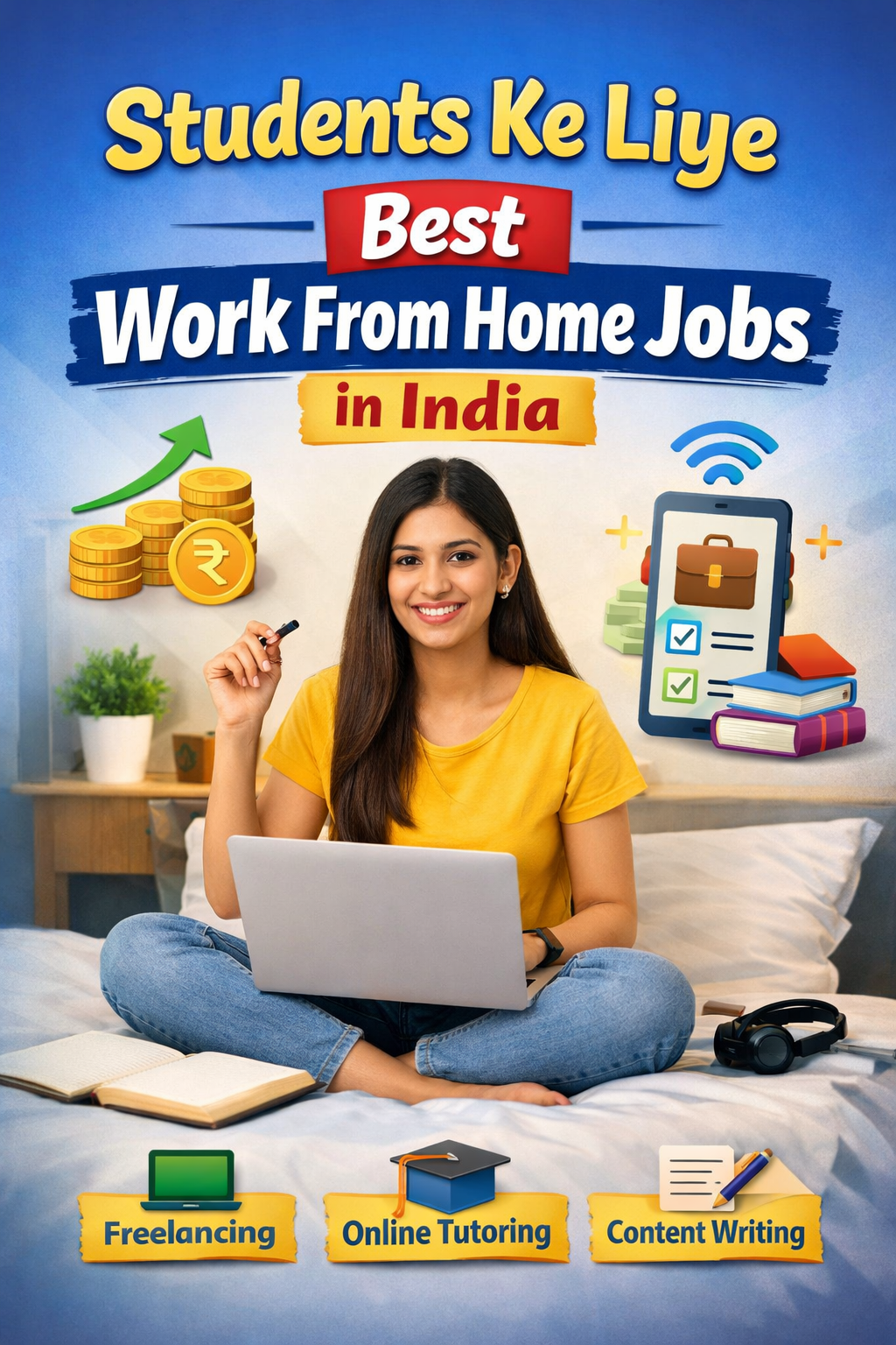 Students ke liye best work from home jobs in India featured image jisme ek student laptop par kaam kar raha hai aur freelancing, online tutoring aur content writing dikhaya gaya hai