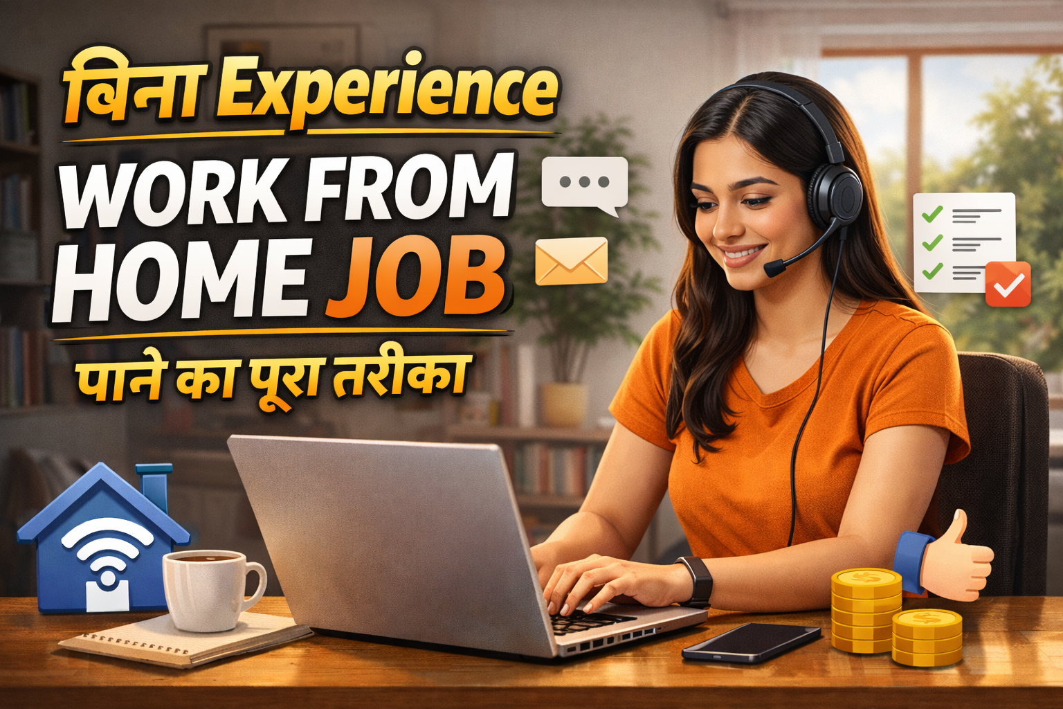 Bina experience work from home job karte hue ghar se laptop par kaam karti hui young Indian woman.