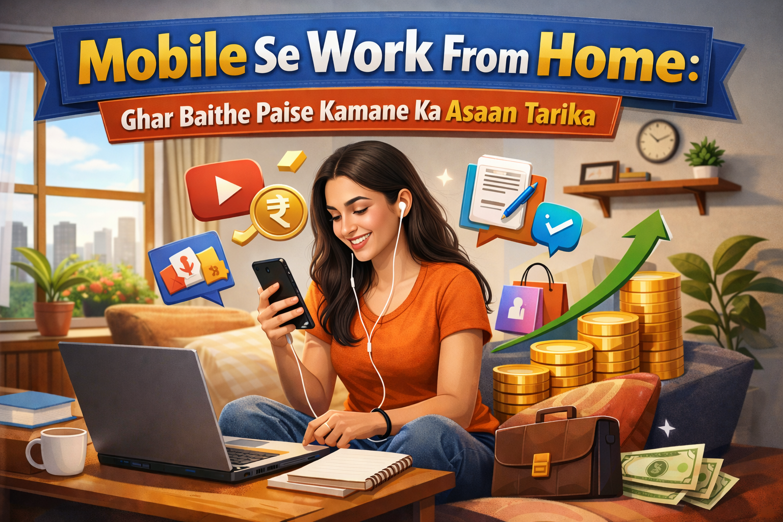 Mobile se work from home karte hue ghar baithe smartphone aur laptop ke saath kaam karti hui mahila, online earning aur digital kaam ka concept