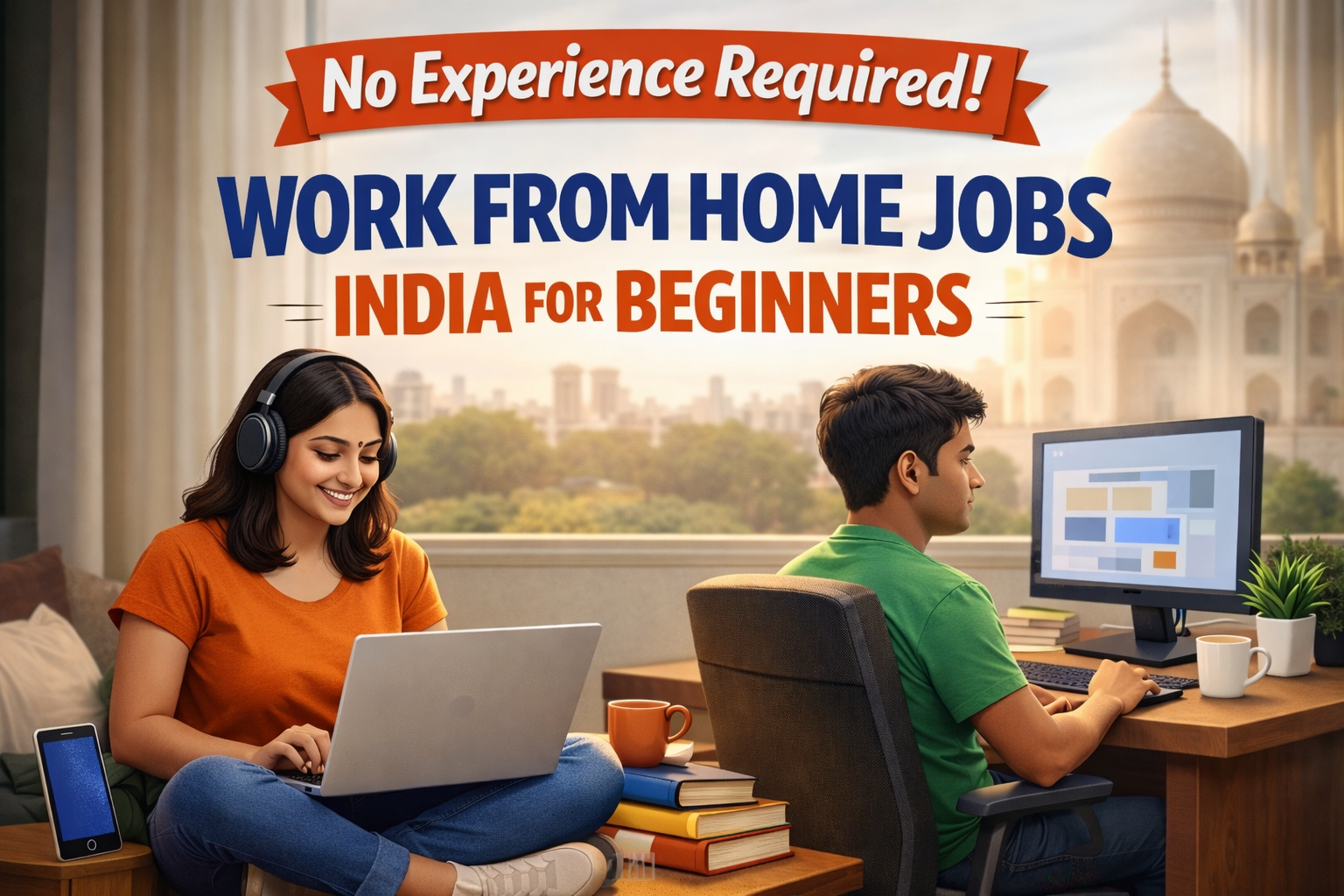 Work From Home Jobs India for Beginners realistic image of Indian people working from home on laptop