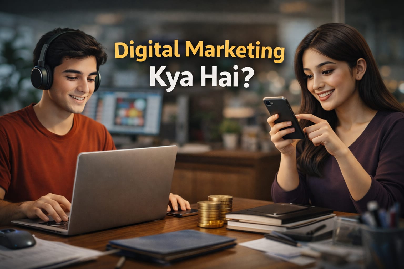Young boy laptop use kar raha hai aur girl smartphone dekh rahi hai, upar text “Digital Marketing Kya Hai?” likha hai.
