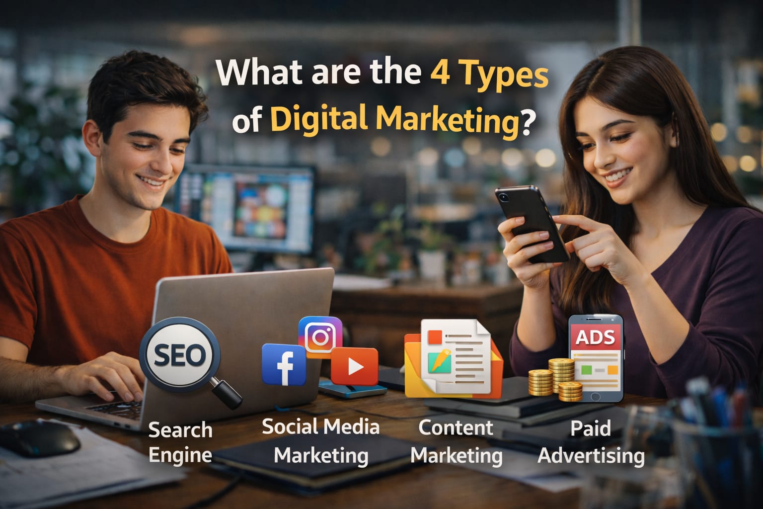 What are the 4 Types of Digital Marketing? boy laptop aur girl smartphone use karte hue, digital marketing concept with icons for Search Engine Optimization, Social Media Marketing, Content Marketing, and Paid Advertising
