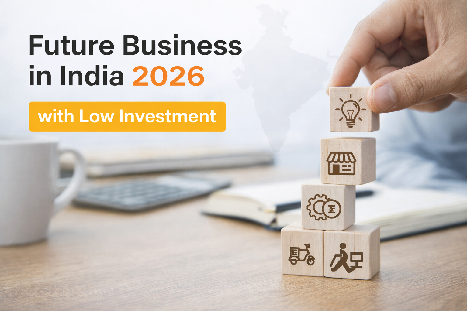 Future Business in India 2026 with low investment concept showing small business ideas, startup growth blocks, and modern entrepreneurship planning in India