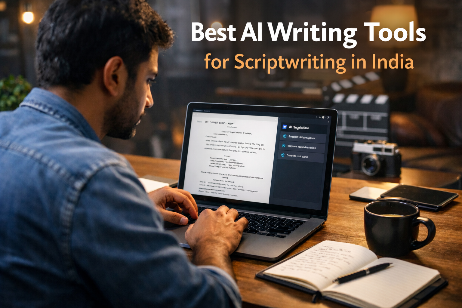 Best AI Writing Tools for Scriptwriting in India – Indian scriptwriter using AI-powered writing software on laptop