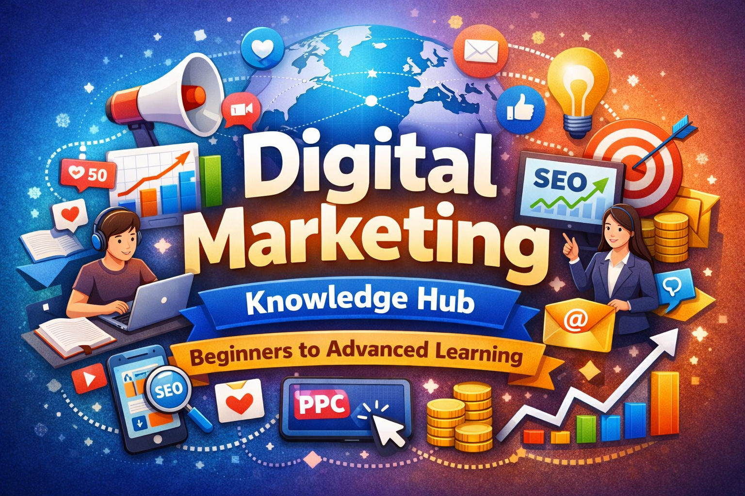 Digital Marketing Knowledge Hub featured image showing SEO, social media, email marketing, analytics icons and beginners to advanced learning concept illustration.