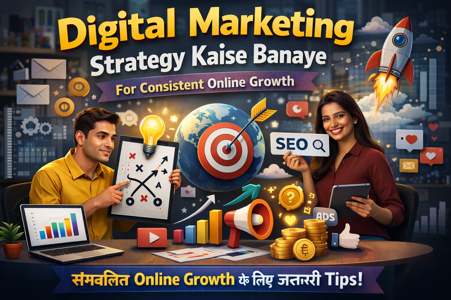 Digital Marketing Strategy Kaise Banaye for Consistent Online Growth concept showing business professionals planning SEO, content marketing and online growth strategy in modern office setup.