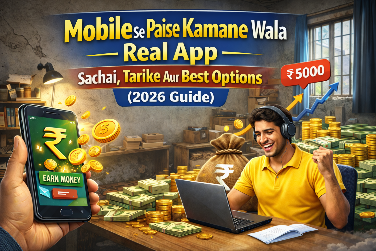Mobile se paise kamane wala real app, poor room me laptop aur smartphone se online earning karta aadmi.