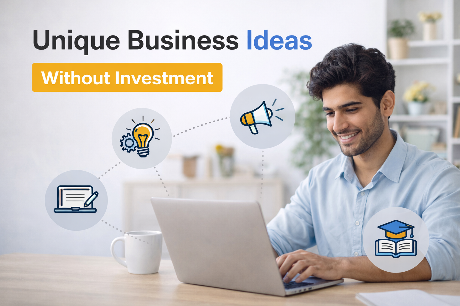 Unique Business Ideas Without Investment showing a young entrepreneur working on a laptop with creative business concept icons, representing zero investment startup opportunities